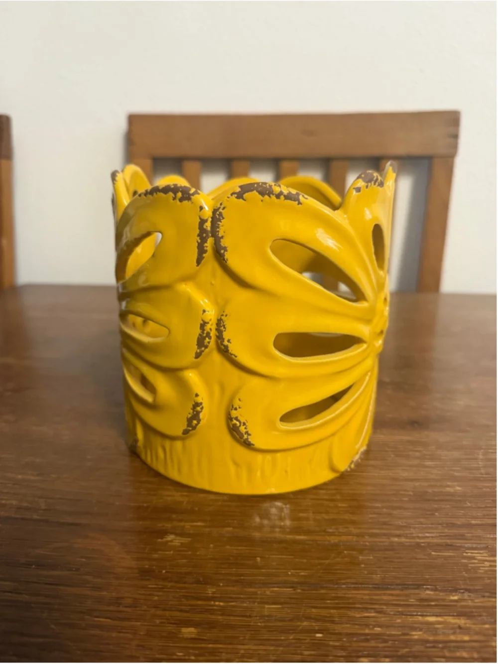 Yellow Ceramic Floral Cutout Candle Holder Luminary Distressed 6” Boho Decor